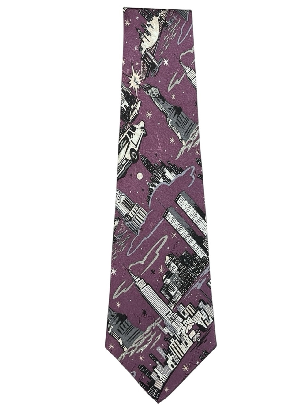 Nicole Miller Purple Silk Tie with Black/ White New York City Skyline 2001
